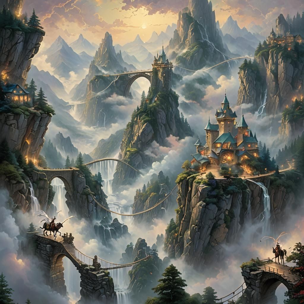 Ethereal Bridges Above Clouds with Unicorns