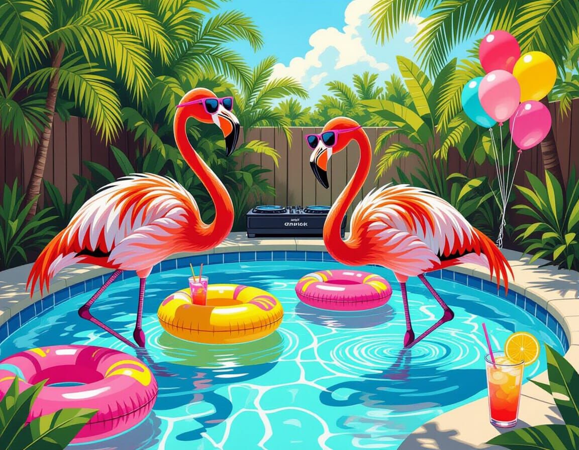 Flamingos Throwing Pool Party in Surreal Style