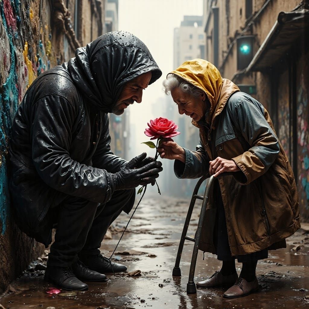 Street Art Illusion: Elderly Man Offers Rose to Real Woman
