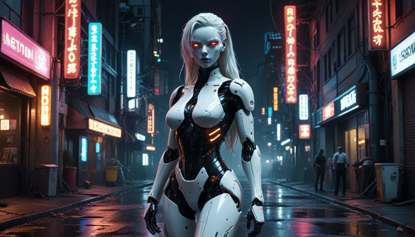 Frightening Gynoid Poses on Cyberpunk Street