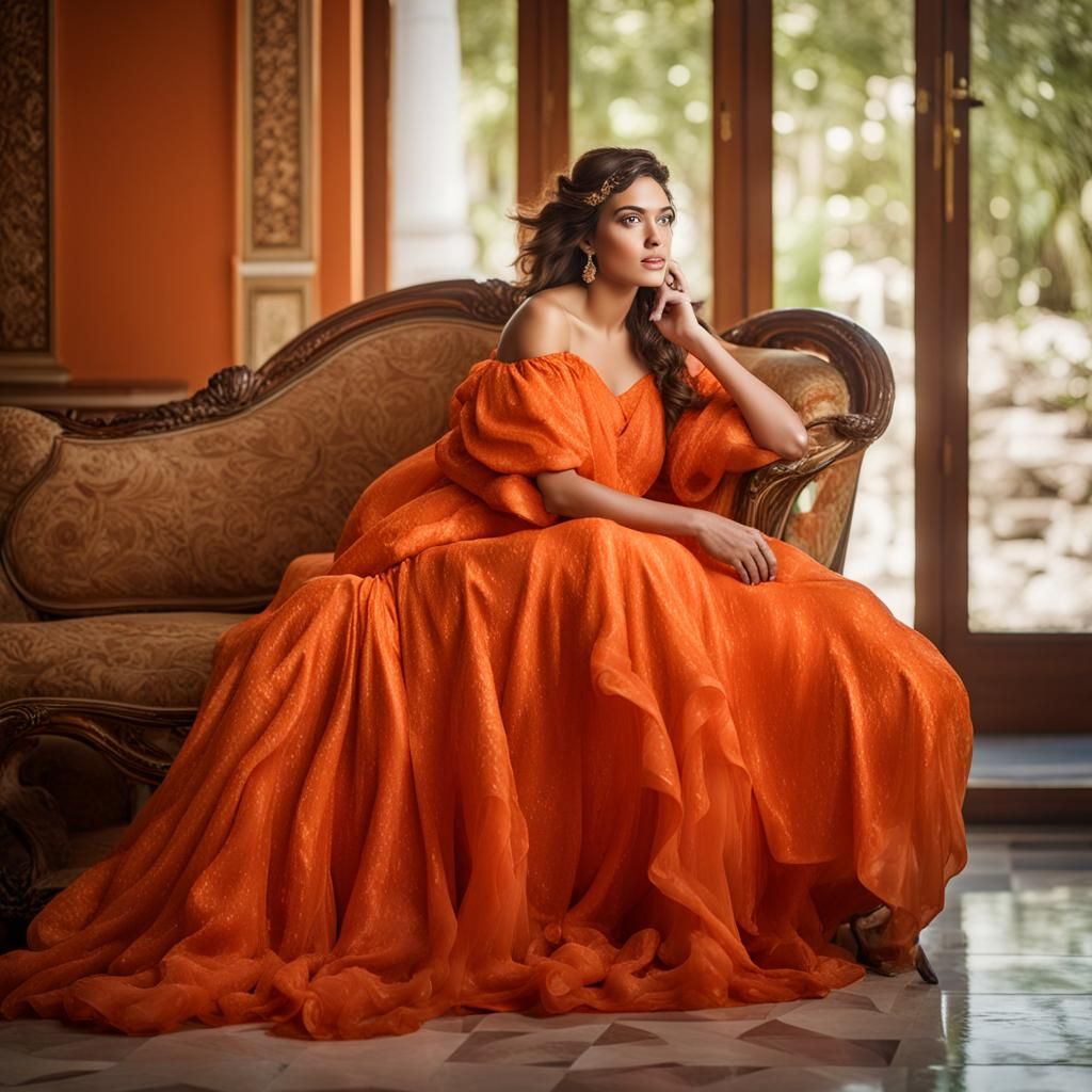 Brunette in Orange Gown, Alma-Tadema Style
