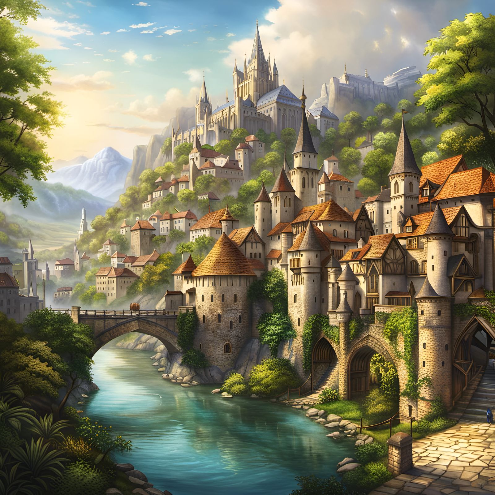 Medieval City Watercolor in Studio Ghibli Style