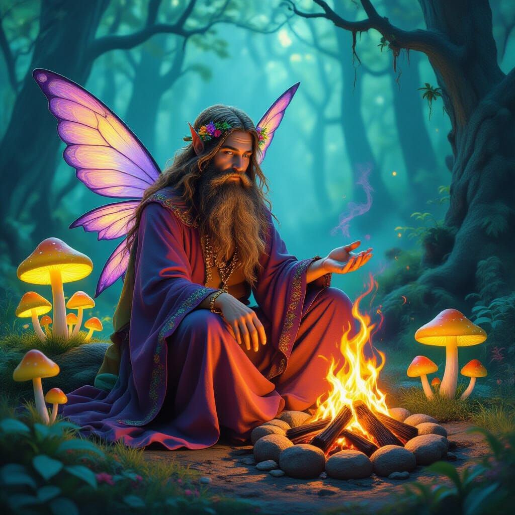 Bearded Fairy Shaman in Whimsical Forest