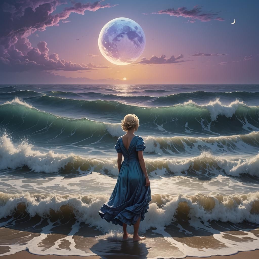 Woman with Moon Crown at Ocean Edge