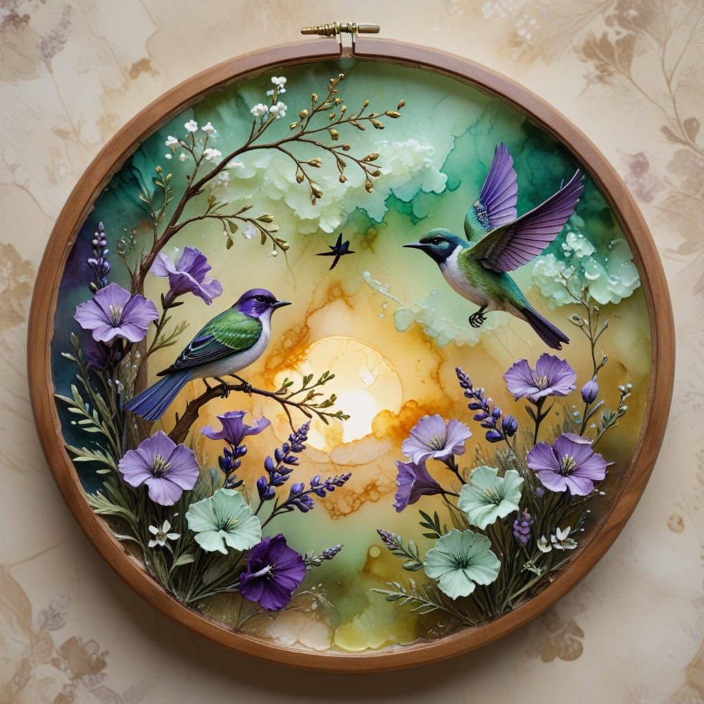 Alcohol Ink Art: Clouds, Flowers, Bird in Gold Frame