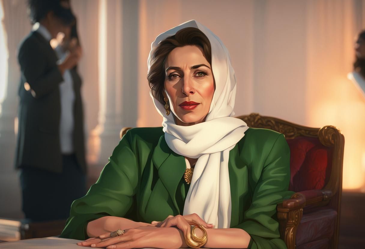 Benazir Bhutto Portrait on Sky Stage, Hyperdetailed Art