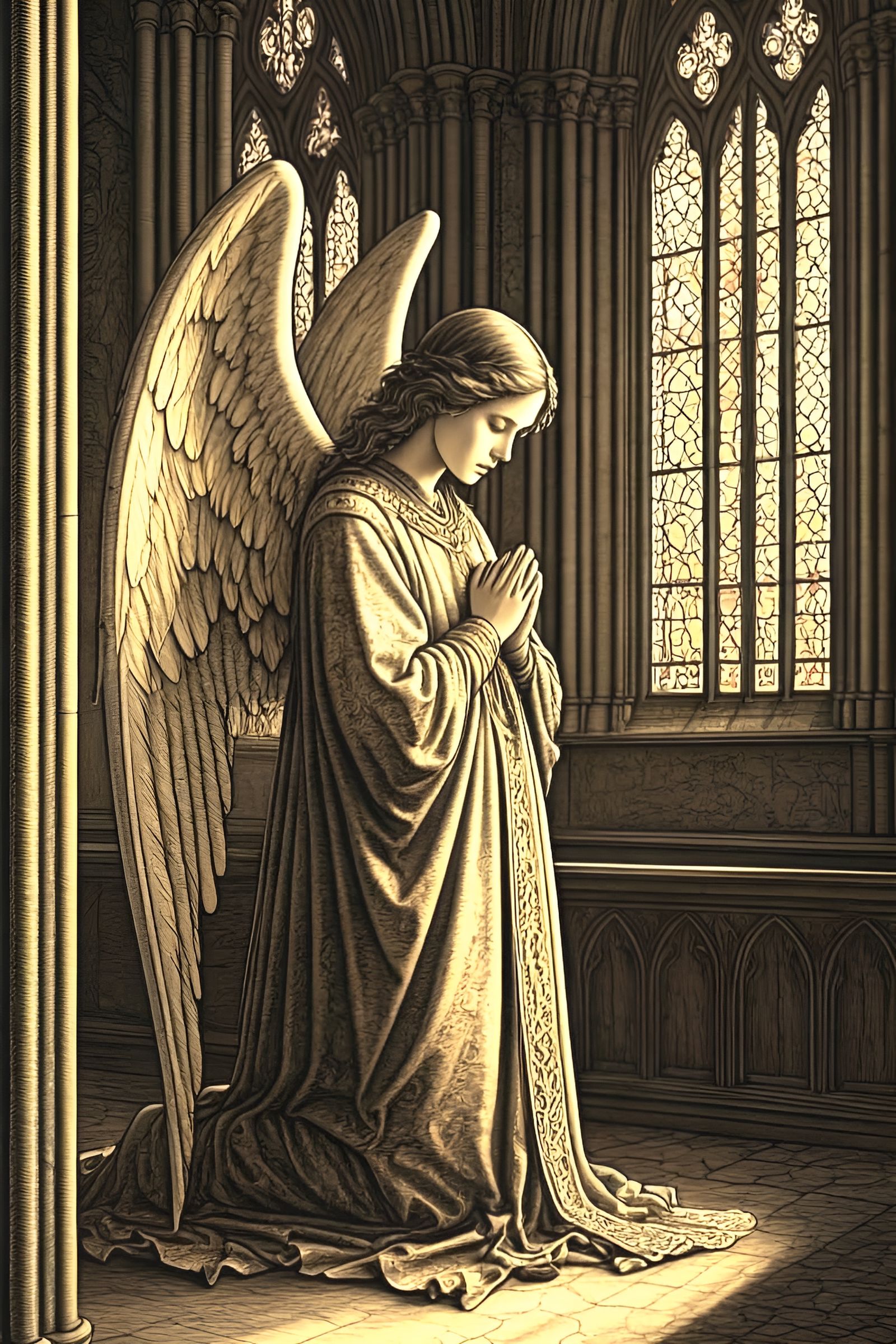 Angel in Gothic Cathedral, Pre-Raphaelite Style