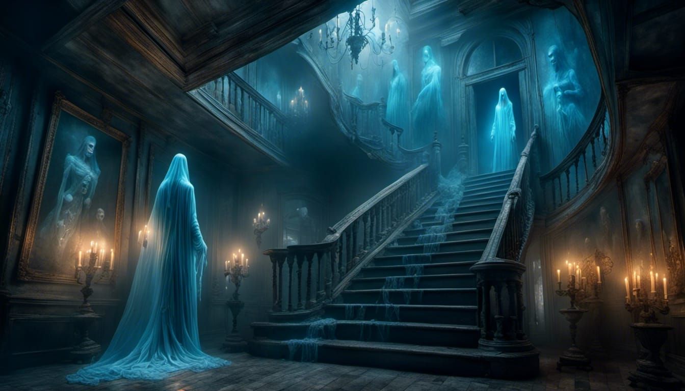 Eerie Alien in Gothic Mansion: Surreal Oil Painting