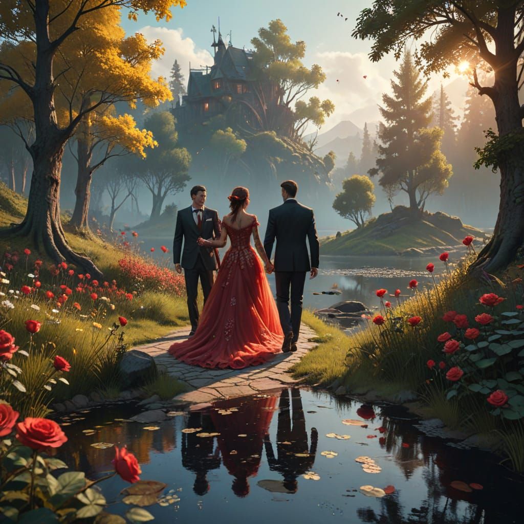 Romantic Couple Strolls by Serene Pond in Whimsical Sunset A...