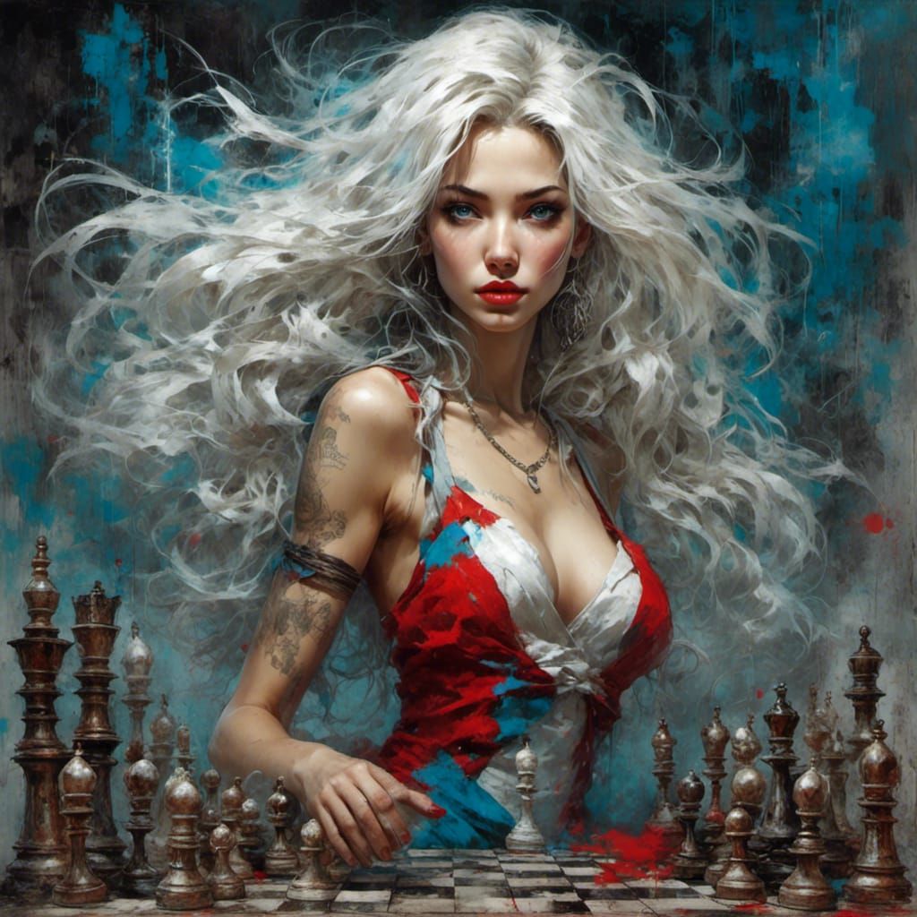 Beautiful Chess Player with White Hair in Grunge Style