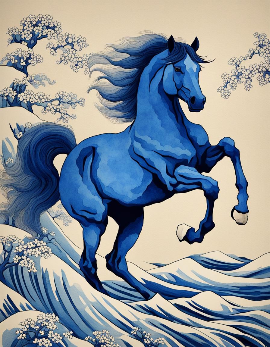 Blue Horse in the Style of Hokusai