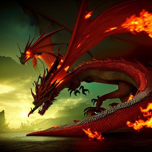 Green Fire-Breathing Dragon Over Burning City