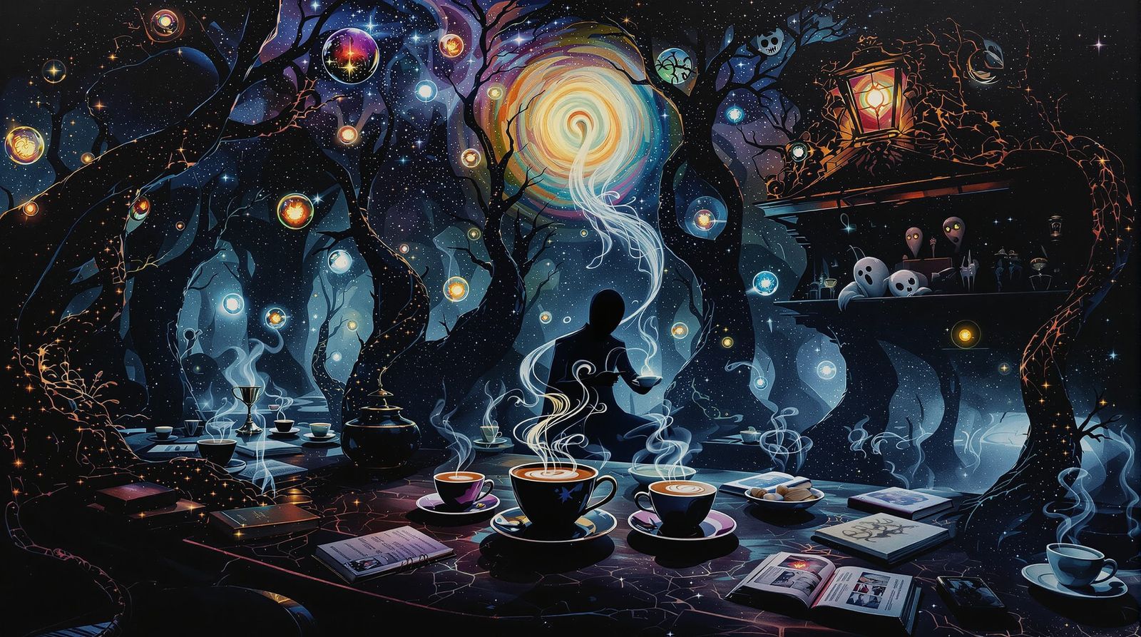 Haunted Coffeehouse in Fractal Forest with Ghostly Baristas