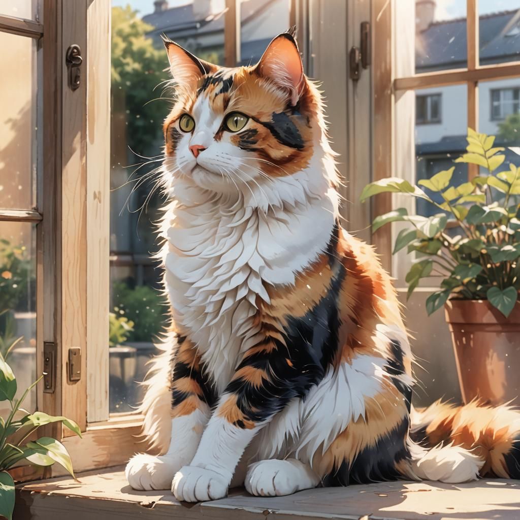 Calico Cat on Windowsill in Anime Watercolor Style