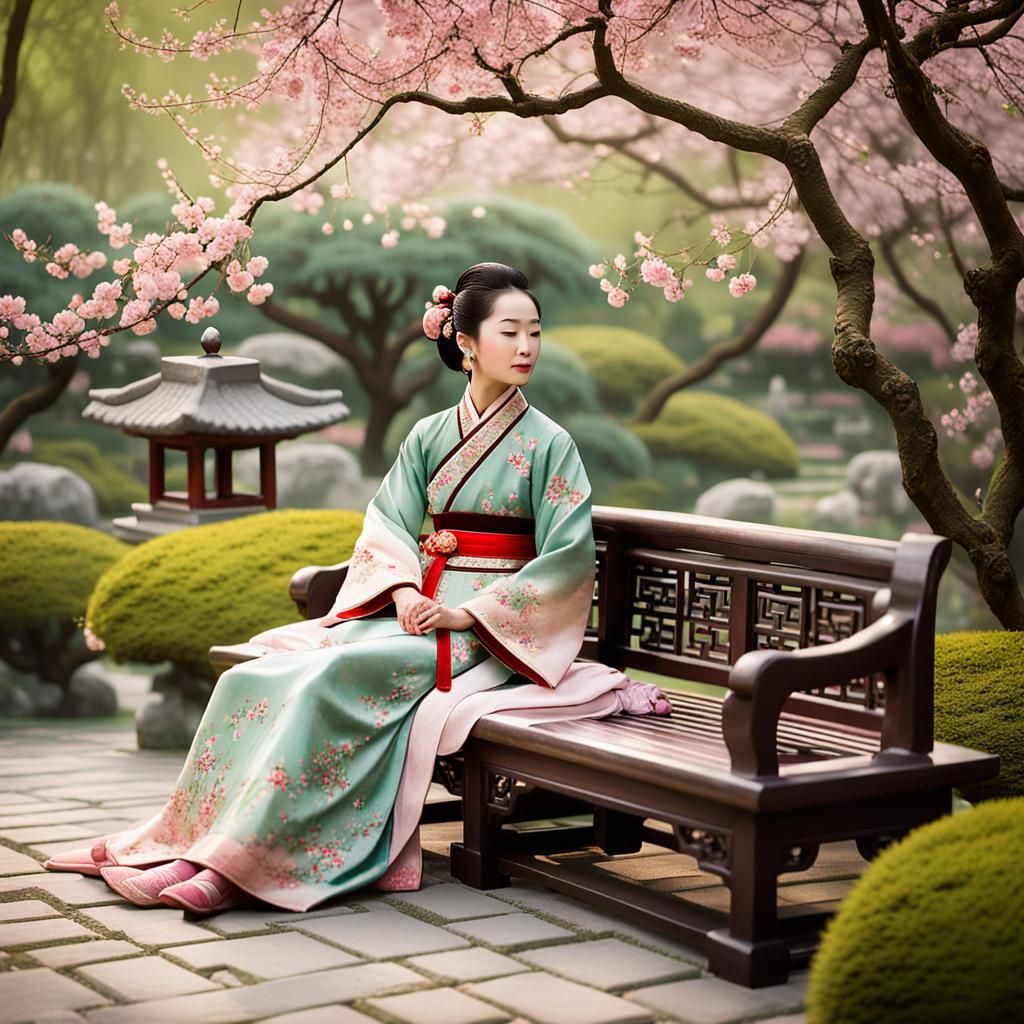 Serene Woman in a Traditional Chinese Garden