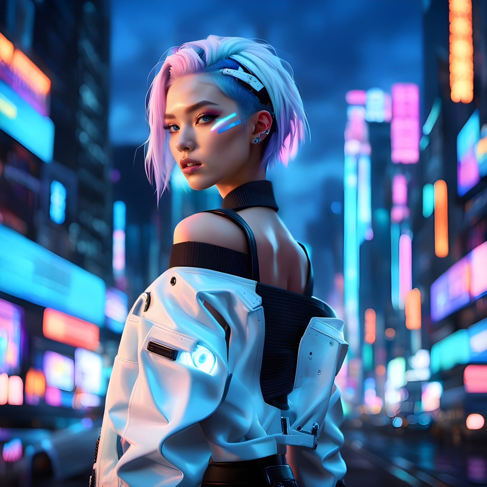 Striking Cyberpunk Goddess in Neon Cityscape