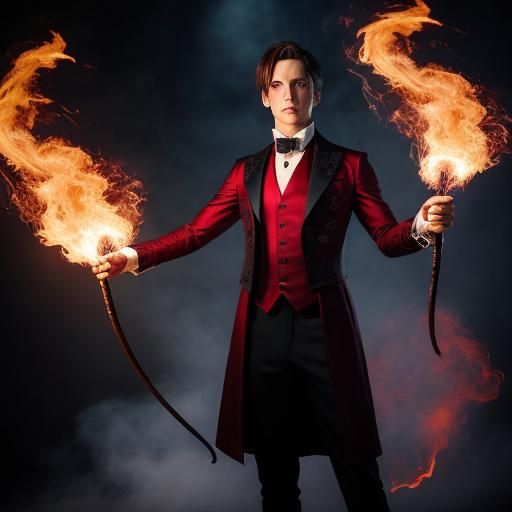 a magician in a gothic setting, performing a spectacular fir...