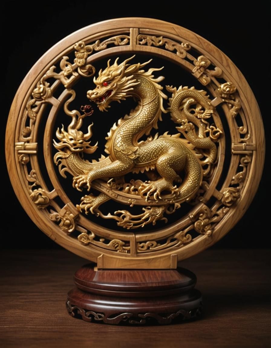 Ornate Carved Wooden Dragon Sculpture with Jade and Gold