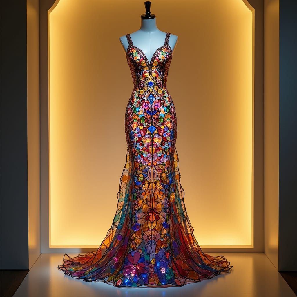 Elegant Stained Glass Gown in Art Nouveau Style