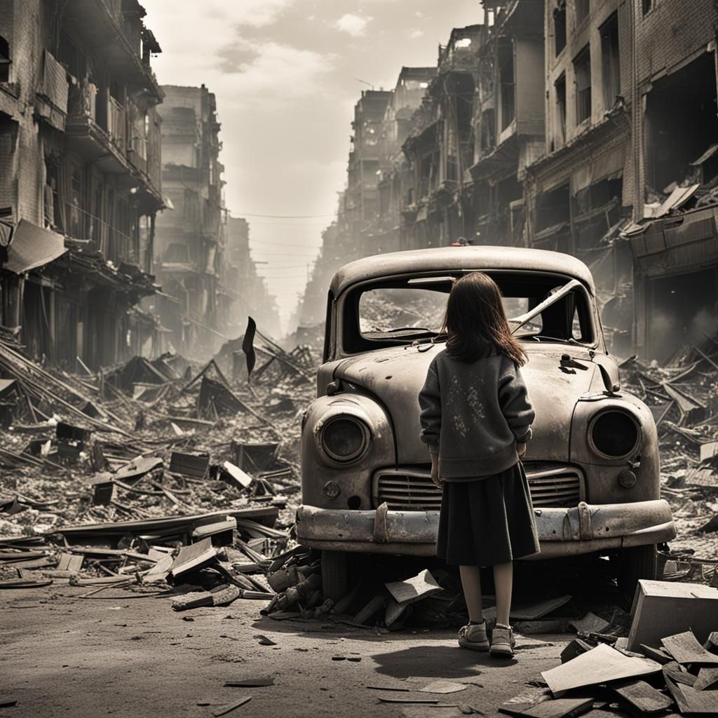Girl in Destroyed City Aftermath