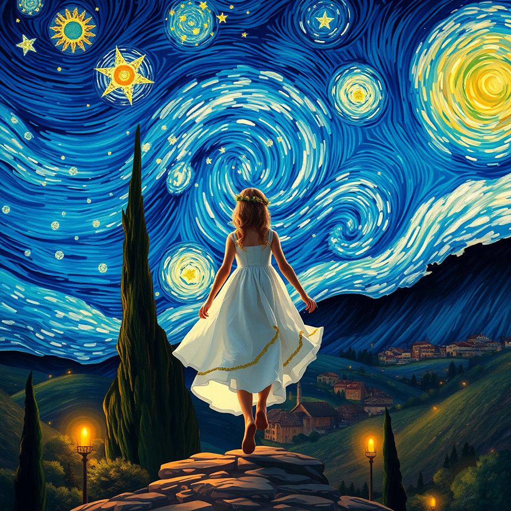 Girl Enters Van Gogh's Starry Night: Surreal Matte Painting