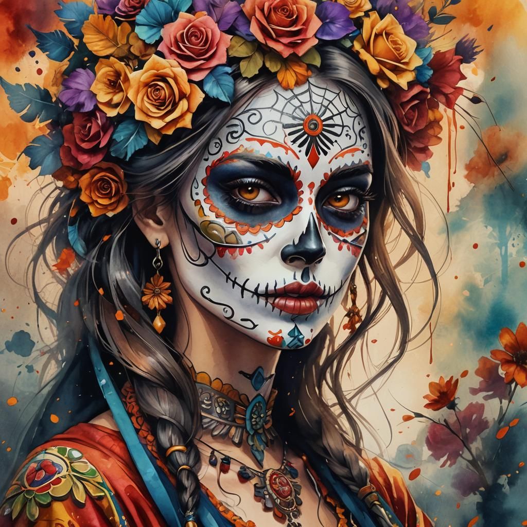 Day of the Dead Woman in Watercolor Style