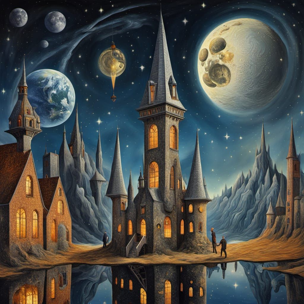 Surreal Rocket Journey to the Moon in Oil Painting