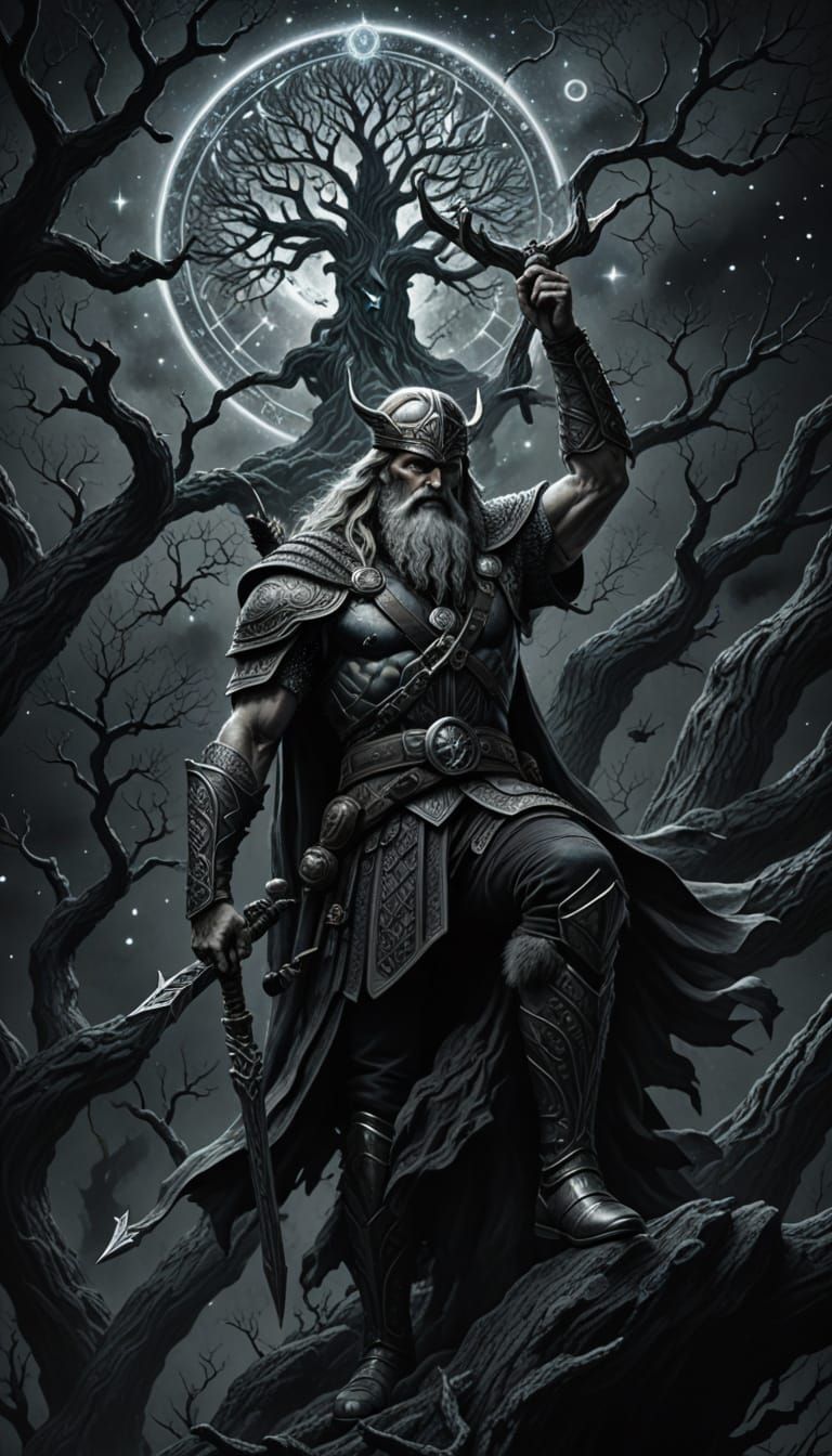 Epic Charcoal Drawing of Odin on World Tree in Space