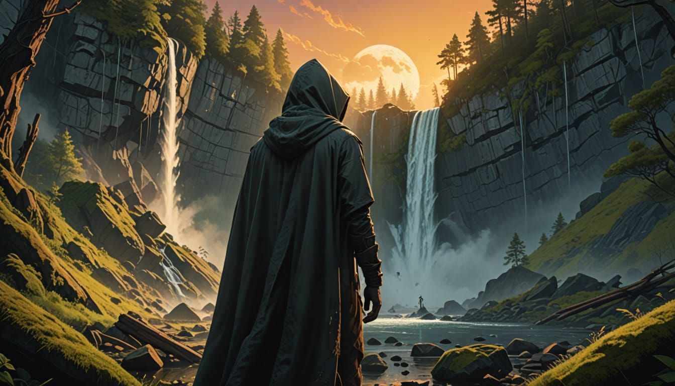 Surreal Waterfall Portal in a Mysterious Hooded Realm