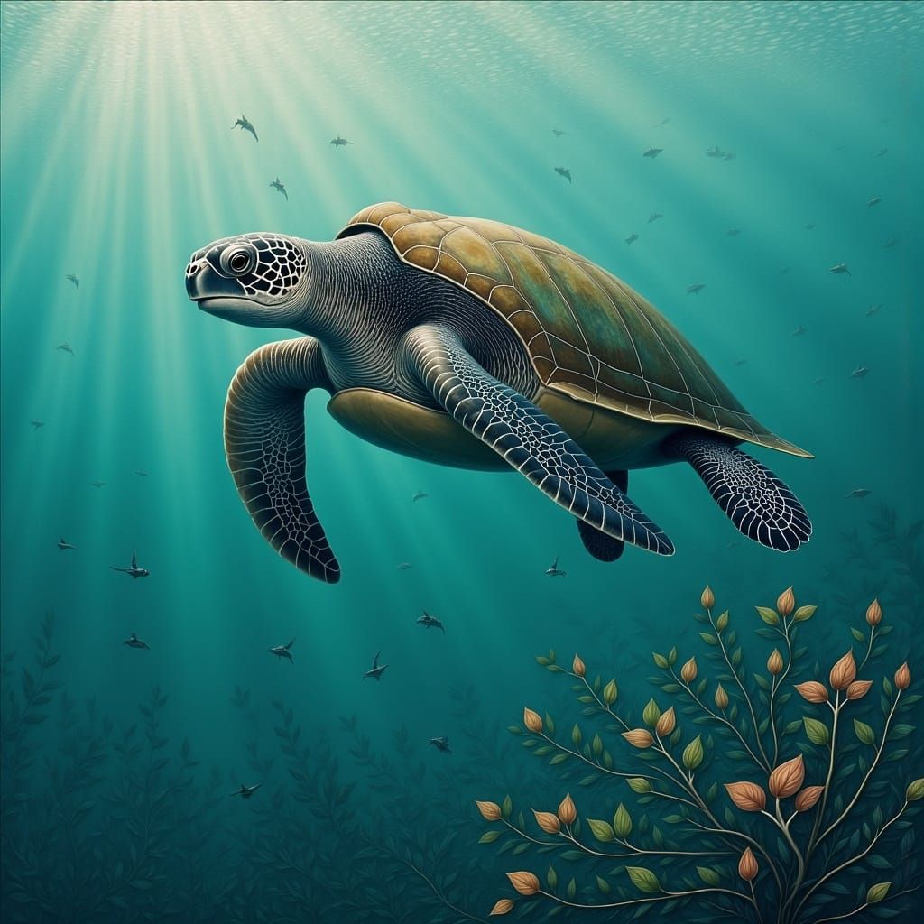 Swimmer and Giant Sea Turtle in High Detail