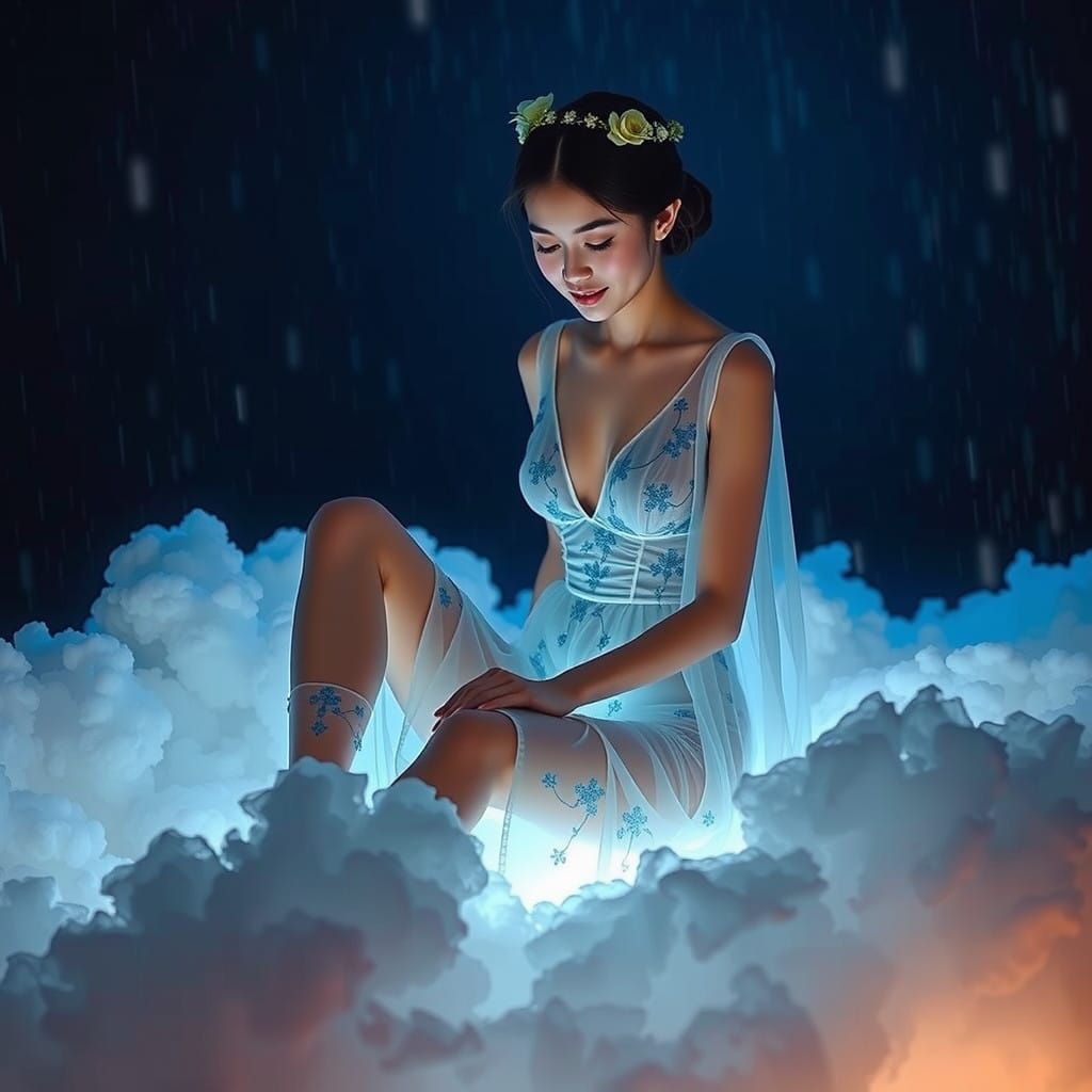 Ethereal European Goddess in Luminous Clouds
