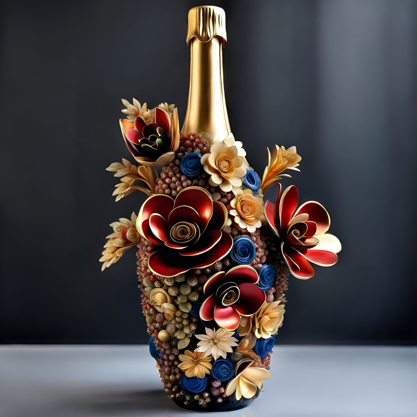 Upcycled Champagne Bottle Vase with 3D Ornament