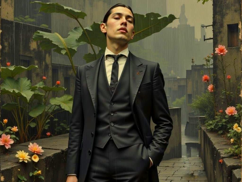 Man in Suit Singing in the Rain, Art Deco Style