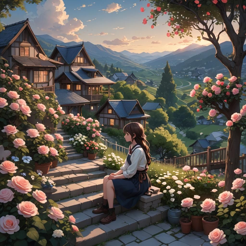 Anime Garden Scene with Girl on Porch