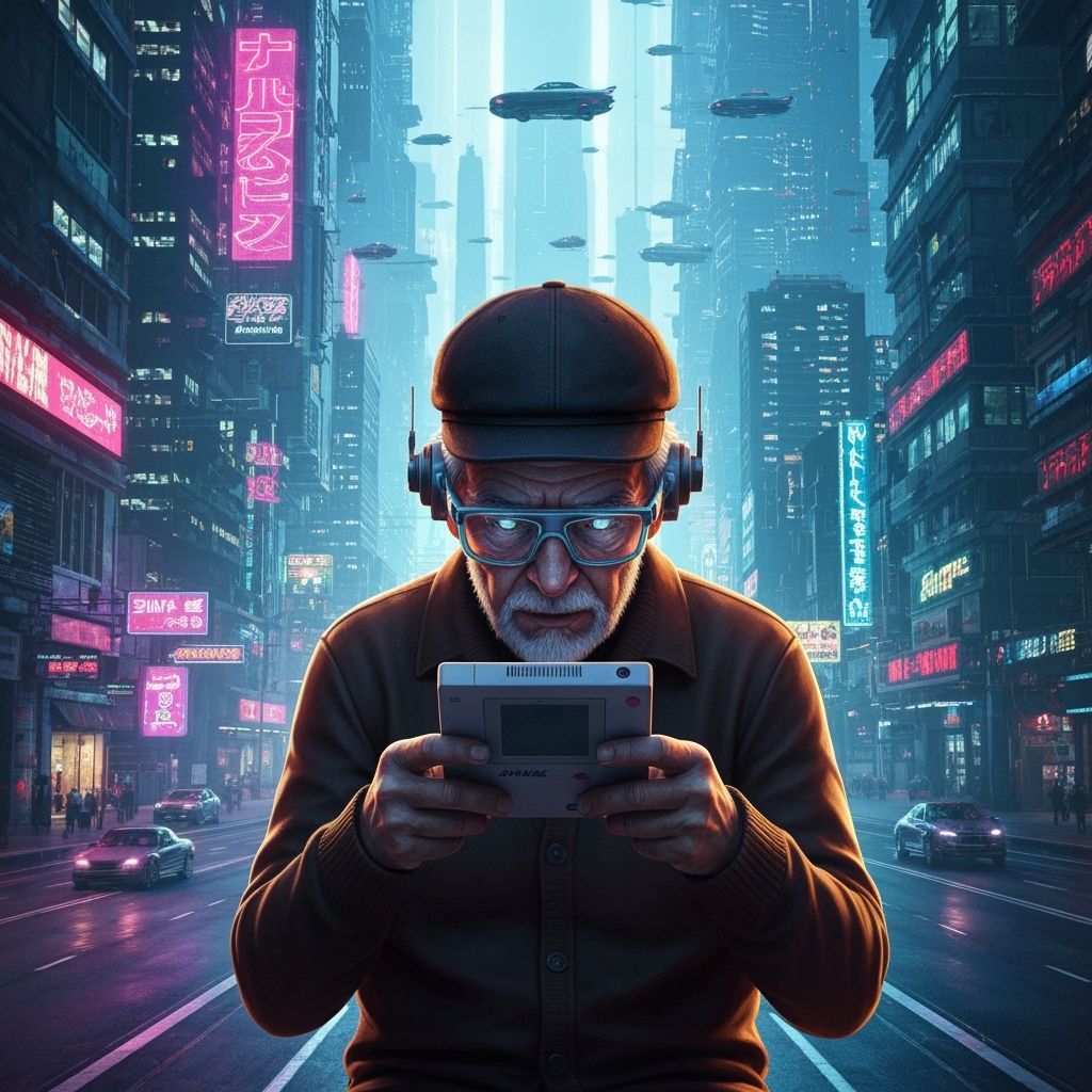 Elderly Gamer in Cyberpunk Cityscape Playing Gameboy