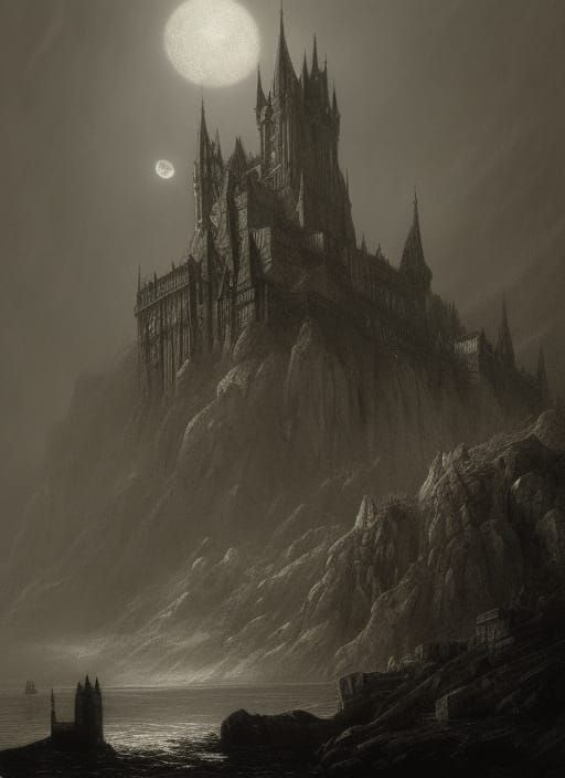 Gothic Castle on Jagged Rocks in Sepia Charcoal