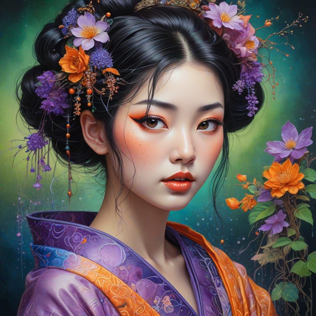 Whimsical Japanese Geisha in Triadic Colors
