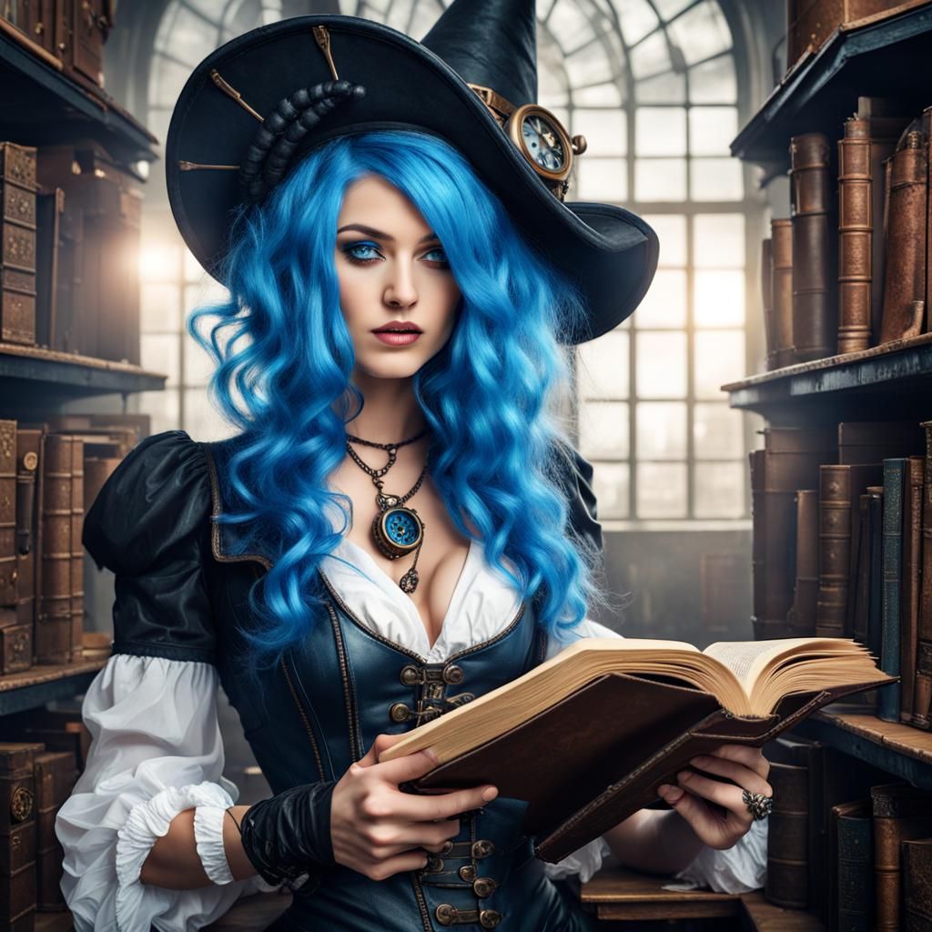 Blue-Haired Witch Reads in Steampunk Library