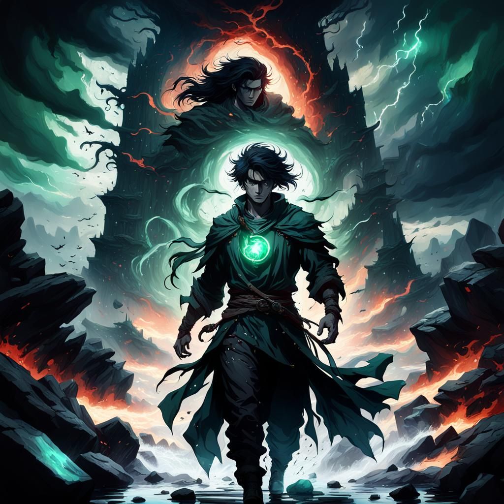 Shadowy Figure in Dark Fantasy Landscape