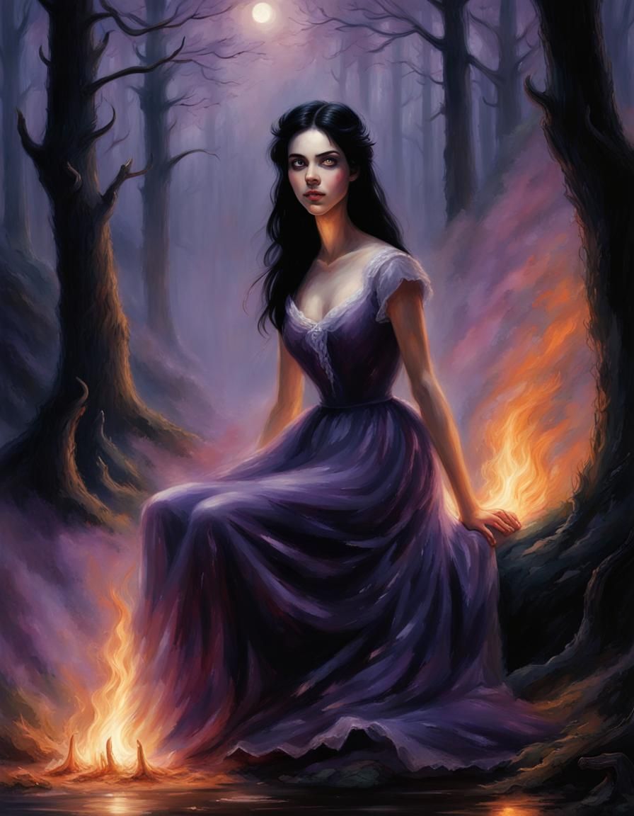 Ethereal Girl Conjures Fire in Misty Forest
