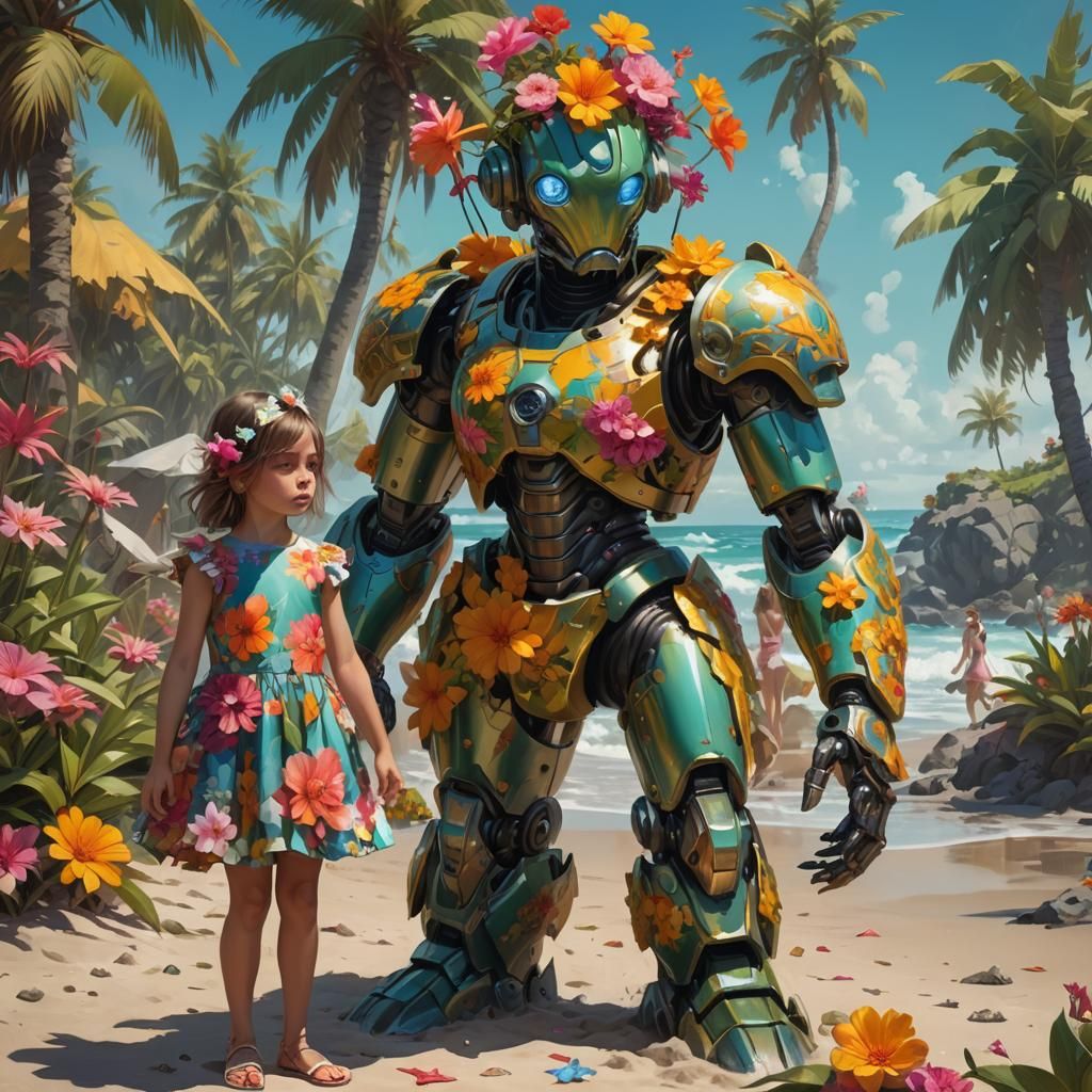 Girl and Android in Surreal Melting Oil Painting