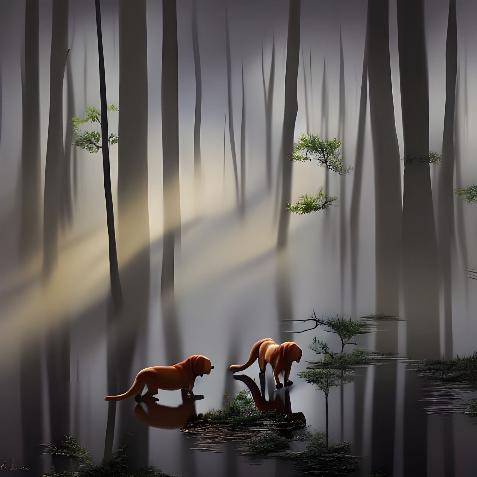 Labrador Dogs Run Through Cypress Swamp