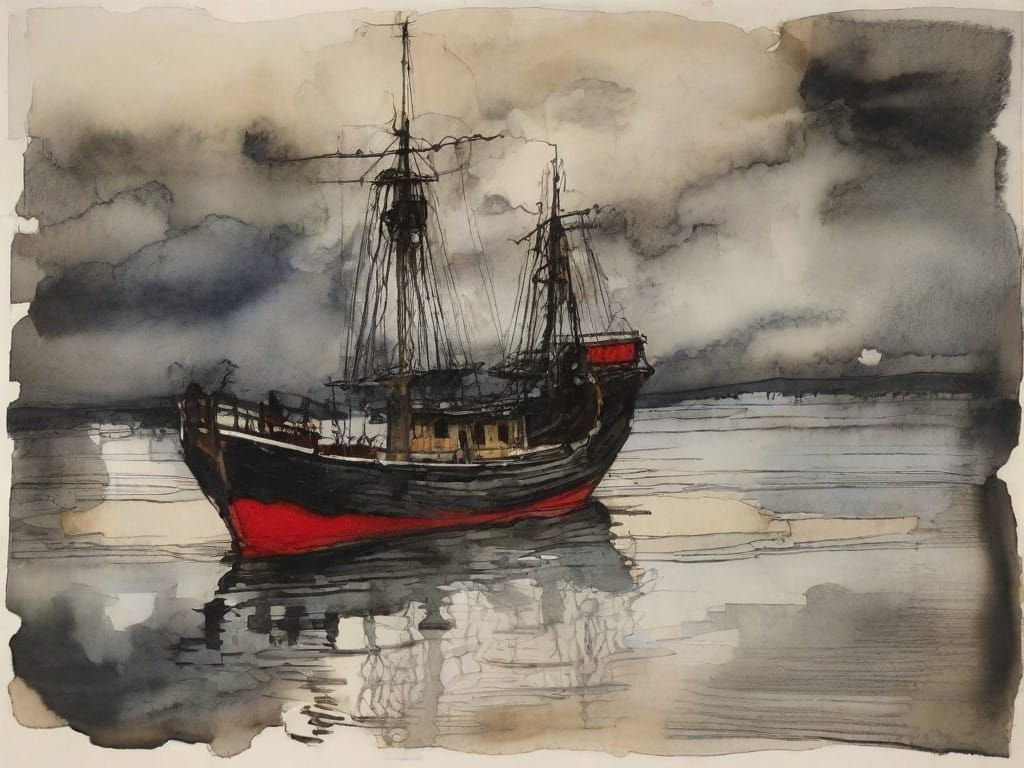 Seaport of Shadows in Modern European Ink Painting
