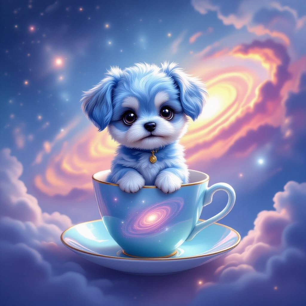 Blue Dog on Teacup in Cosmic Dreamscape