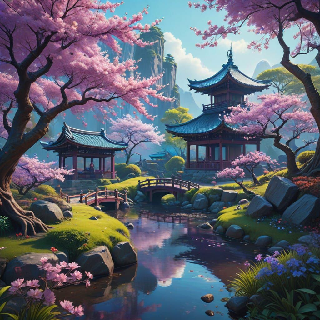 Dreamy Japanese Garden Scene in Vibrant Fantasy Colors