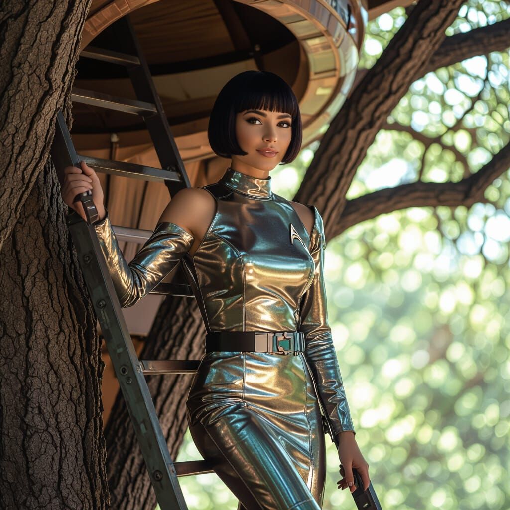 Woman Ascending Ladder in Futuristic Industrial Style