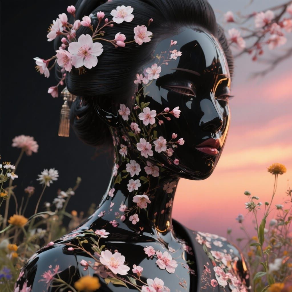 Futuristic Geisha Portrait with Cherry Blossom Tattoos