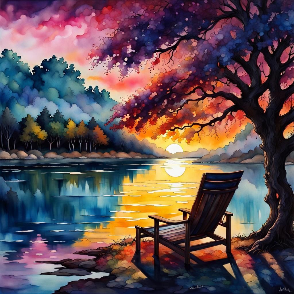 Sunset Lake Scene in Alcohol Ink Style