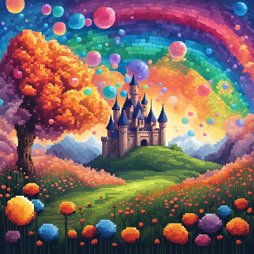 Pixel Art: Flower Meadow and Burning Birch Castle