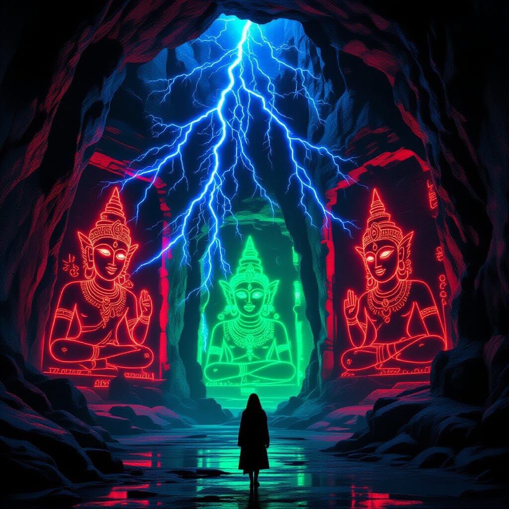 Magical Palace: Neon Cave Paintings Under Lightning